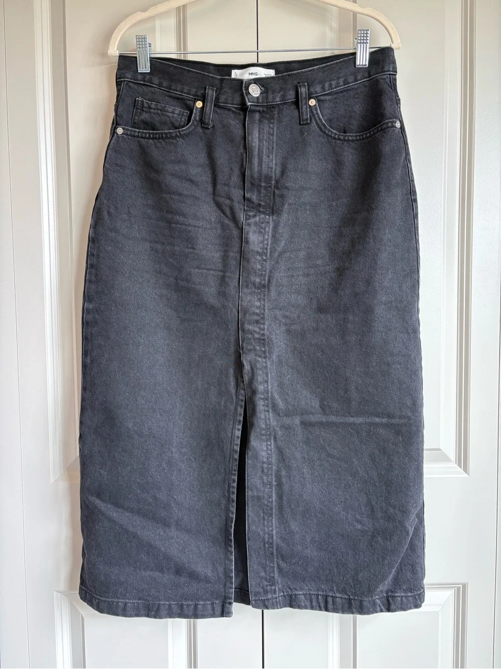 MNG Mango Black Denim Midi Skirt Front Slit Collegiate Academia Size Medium